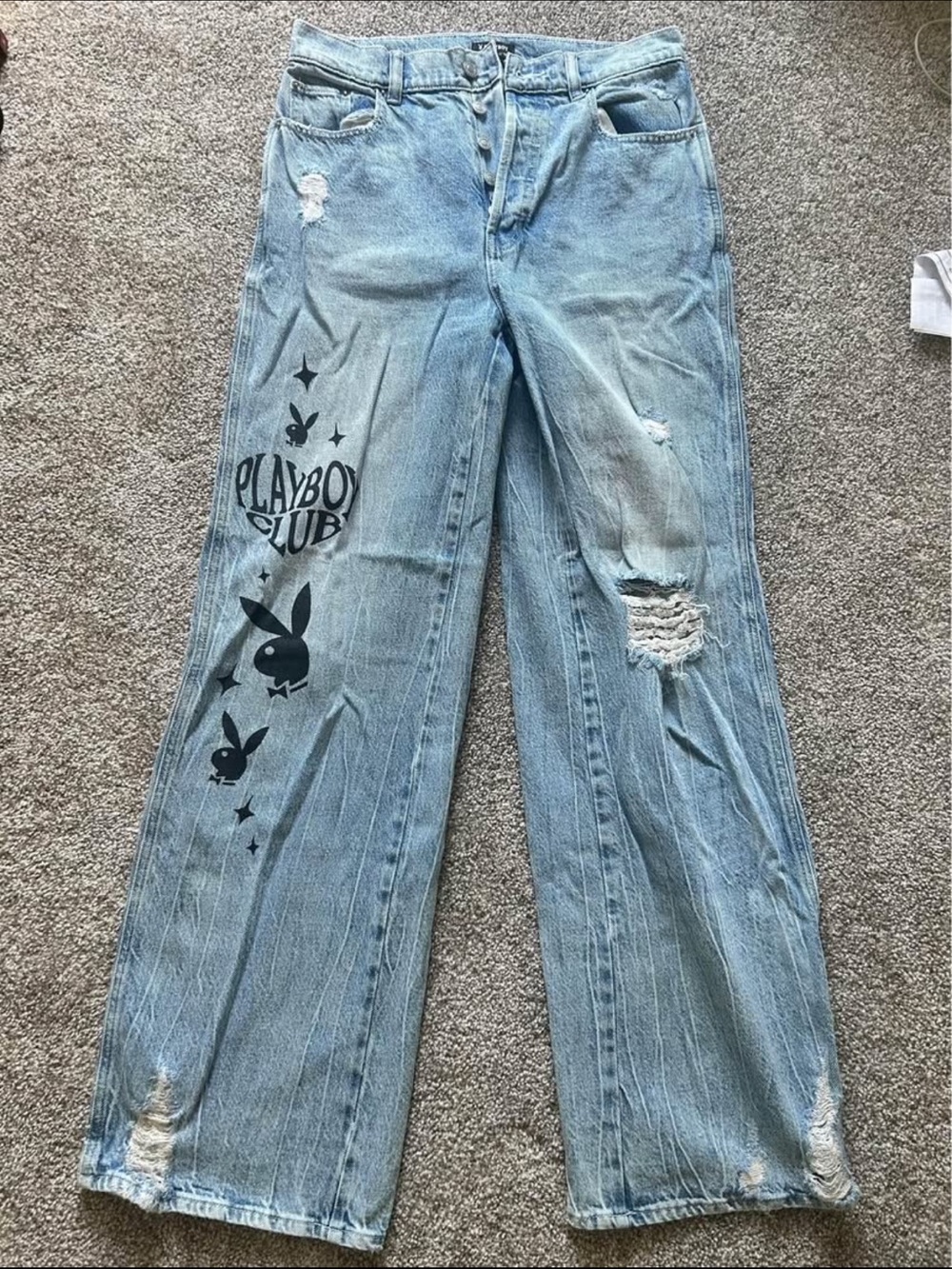 PLAYBOY Light Blue Distressed Wide-Leg Jeans with Black Graphics